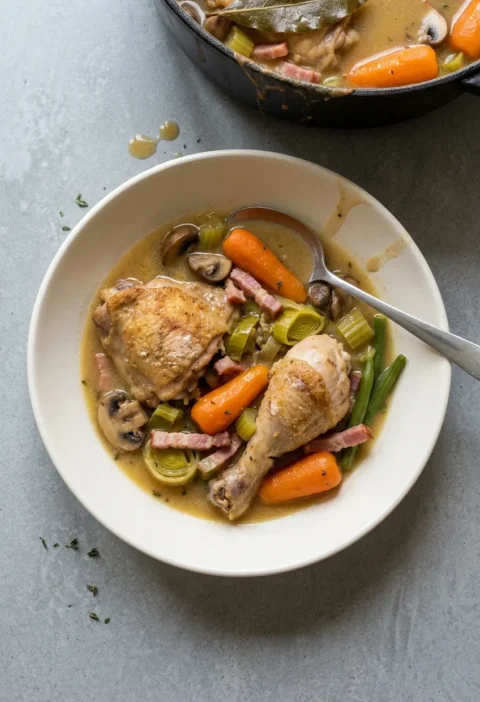 Chicken cider casserole in a cream bowl with a chicken thigh and drumstick, carrots, leeks, mushrooms, bacon and green beans, with the cast-iron pot behind