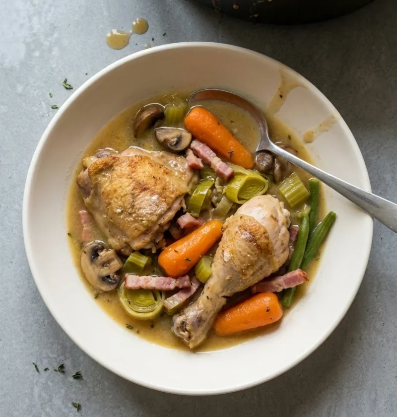 Chicken cider casserole in a cream bowl with a chicken thigh and drumstick, carrots, leeks, mushrooms, bacon and green beans, with the cast-iron pot behind