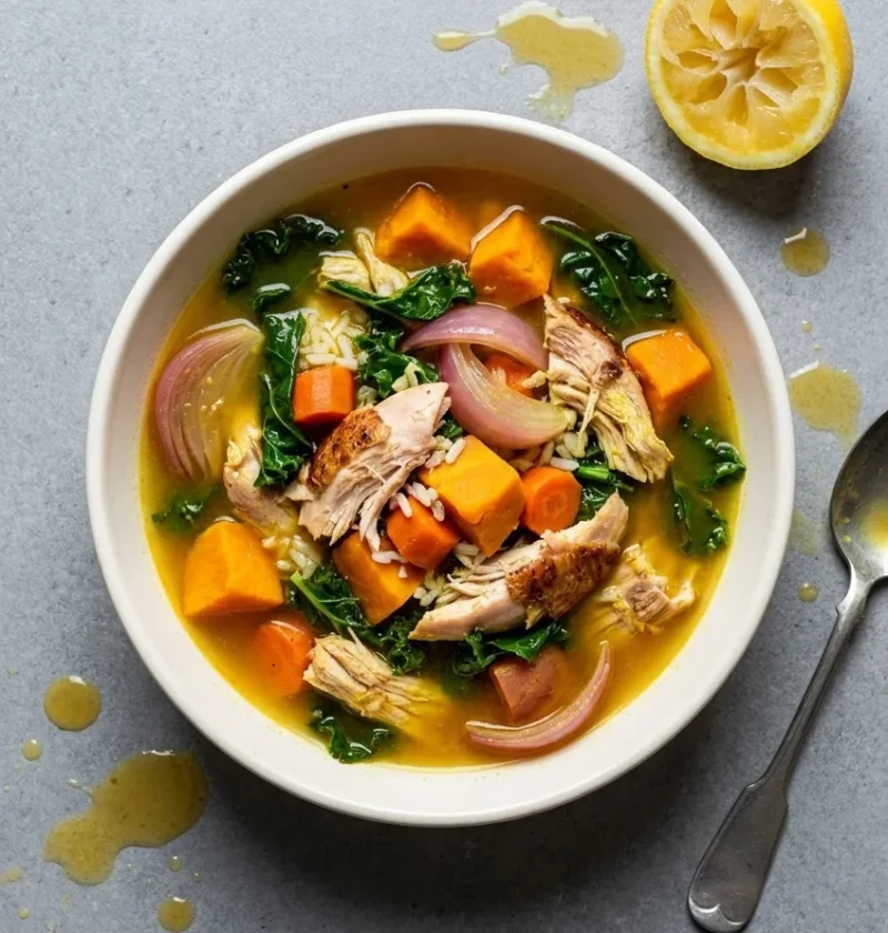 Bowl of chicken soup with pulled roast chicken, sweet potato, kale, red onion and basmati rice in a golden broth