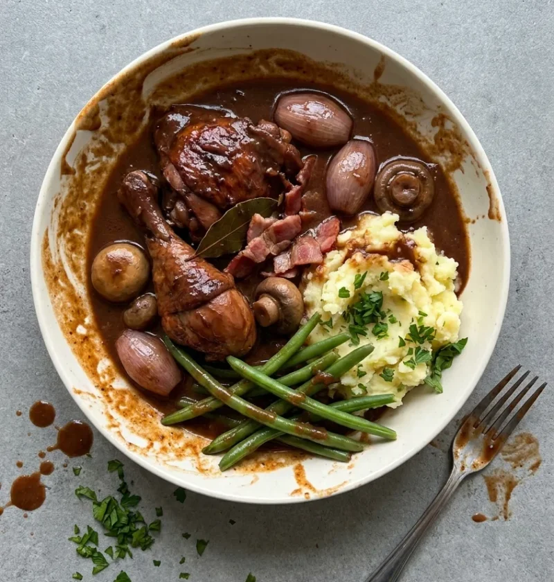 Hairy Bikers coq au vin in a white bowl, chicken and whole shallots in dark red wine sauce with mash