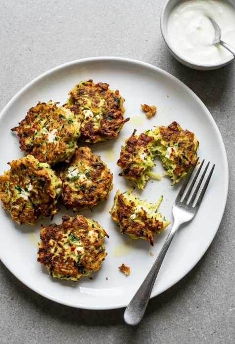 Golden courgette fritters flecked with feta, mint and chilli on a white plate, one broken open, with a small bowl of yoghurt