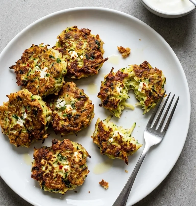 Golden courgette fritters flecked with feta, mint and chilli on a white plate, one broken open, with a small bowl of yoghurt