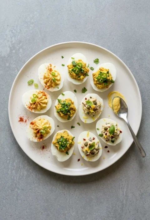 Nine devilled egg halves on a white plate, some piped and dusted with paprika, some spooned with curried filling and green chilli, some with capers, olives and basil