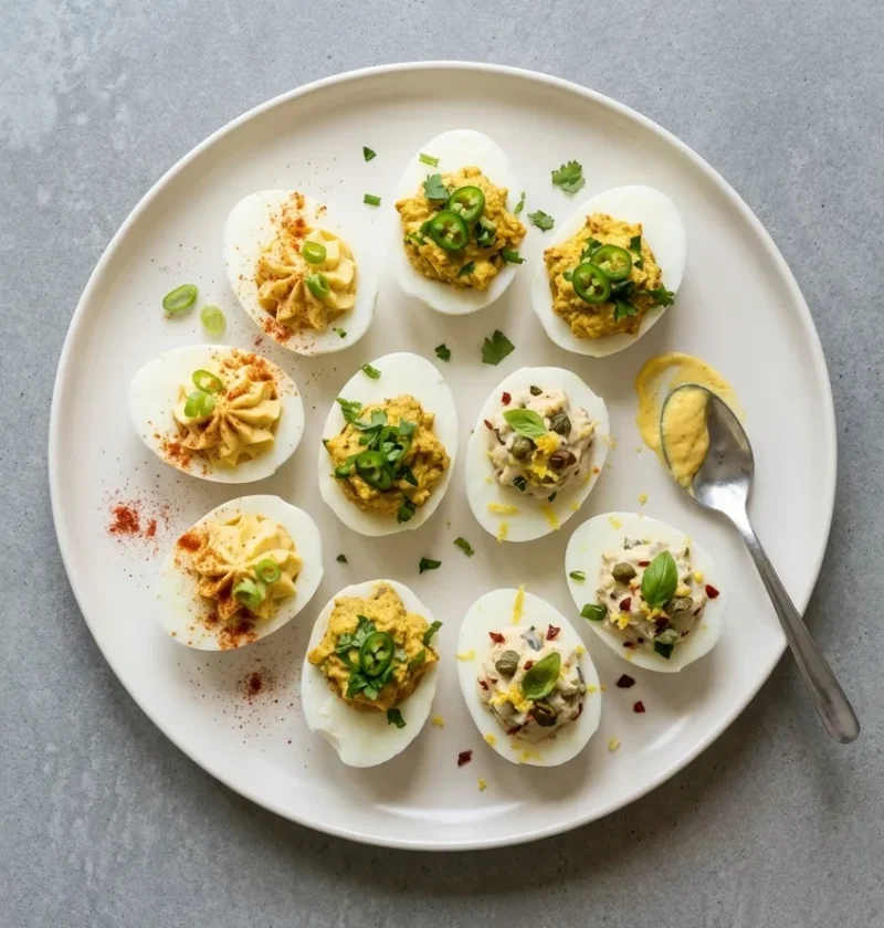 Nine devilled egg halves on a white plate, some piped and dusted with paprika, some spooned with curried filling and green chilli, some with capers, olives and basil