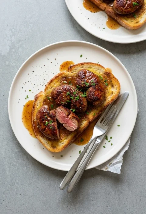 Devilled kidneys on a thick slice of buttered toast, seared halved lambs' kidneys in a glossy sherry and mustard sauce tinted with cayenne, one cut open to show a pink centre, with parsley and black pepper