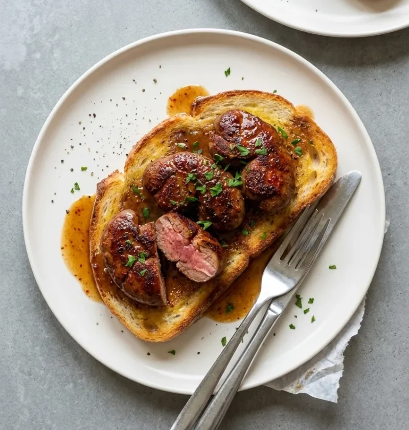 Devilled kidneys on a thick slice of buttered toast, seared halved lambs' kidneys in a glossy sherry and mustard sauce tinted with cayenne, one cut open to show a pink centre, with parsley and black pepper
