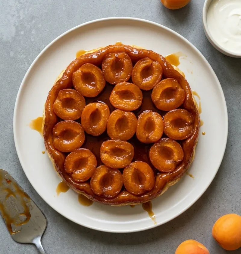 Hairy Bikers easy tarte tatin turned out onto a white plate, apricot halves glazed in dark amber caramel