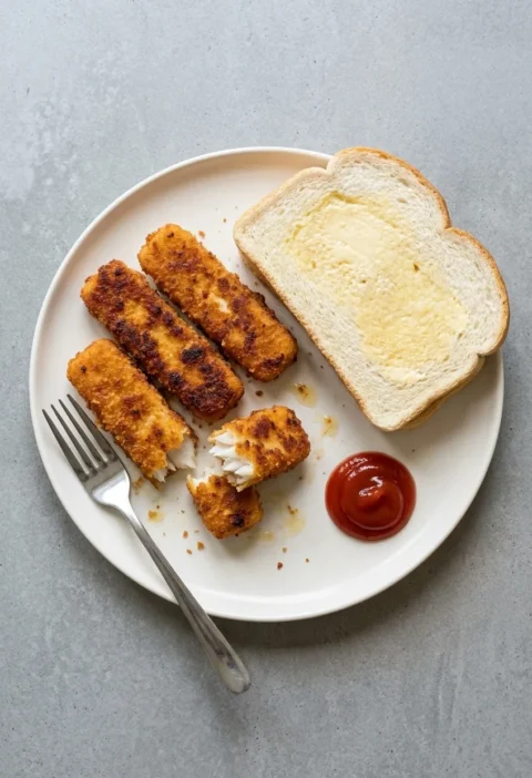Four fat homemade fish fingers in golden breadcrumbs on a white plate, one broken open to show white flaky fish, with buttered bread and a blob of ketchup