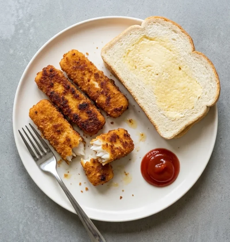 Four fat homemade fish fingers in golden breadcrumbs on a white plate, one broken open to show white flaky fish, with buttered bread and a blob of ketchup