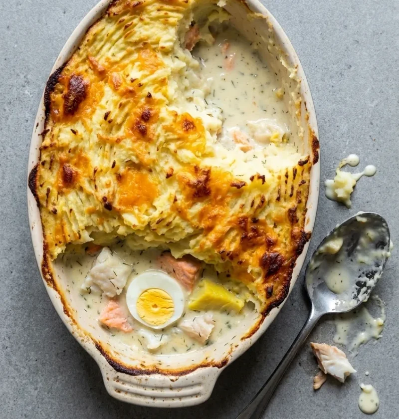 Fish pie in an oval dish with browned cheesy mash, one portion scooped out showing salmon, white fish and a halved egg in dill sauce