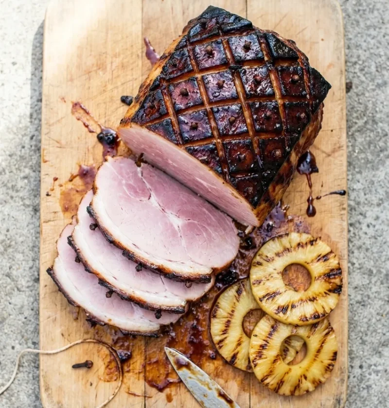 Glazed gammon joint with dark tamarind glaze and cloves, sliced on a wooden board with grilled pineapple rings