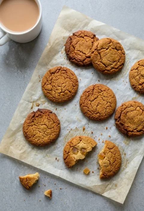 Homemade gingernuts with cracked golden-brown tops cooling on baking parchment, one snapped in half showing stem ginger, next to a mug of tea