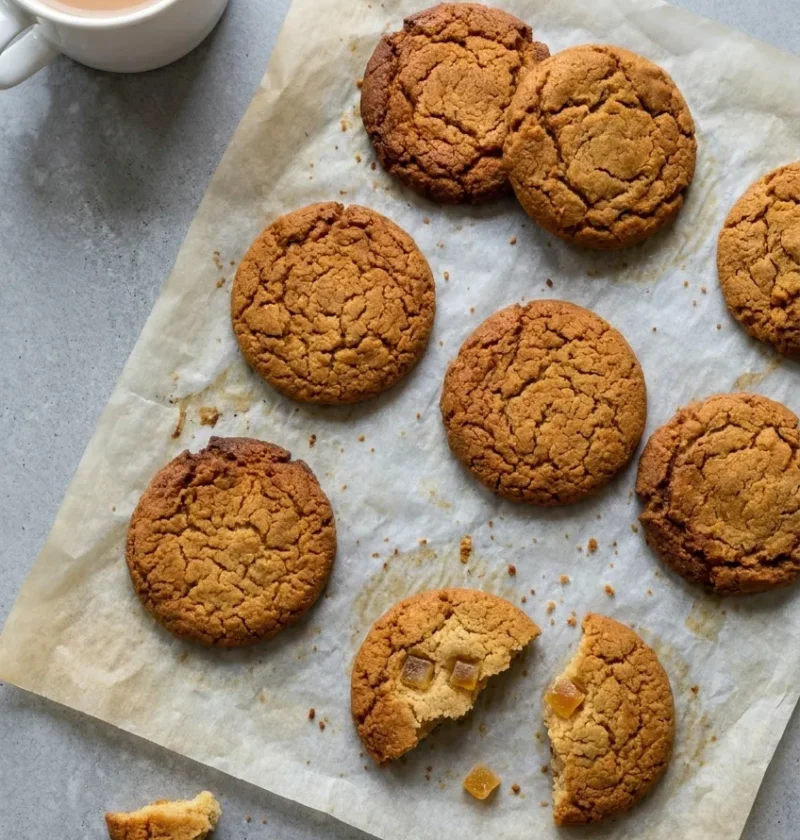 Homemade gingernuts with cracked golden-brown tops cooling on baking parchment, one snapped in half showing stem ginger, next to a mug of tea
