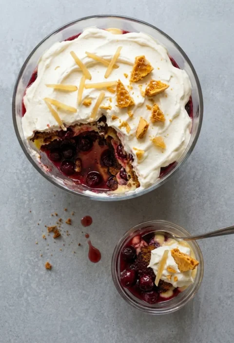 Ginger cake trifle in a glass bowl with a scoop taken out showing ginger cake, black cherries, custard and cream, topped with stem ginger and honeycomb