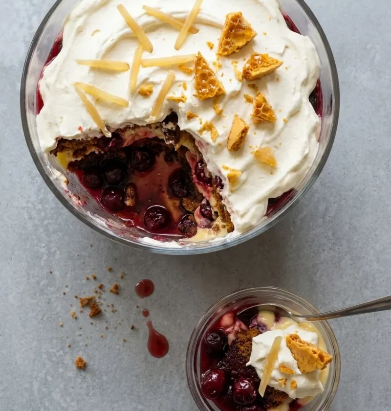 Ginger cake trifle in a glass bowl with a scoop taken out showing ginger cake, black cherries, custard and cream, topped with stem ginger and honeycomb