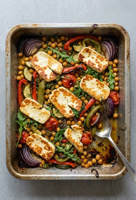 Halloumi tray bake with chickpeas, roasted peppers, red onion, courgette and burst tomatoes in a roasting tin