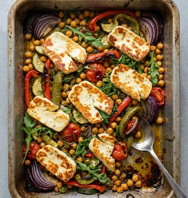 Halloumi tray bake with chickpeas, roasted peppers, red onion, courgette and burst tomatoes in a roasting tin