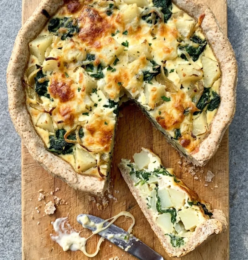Open homity pie in a wholemeal crust with potato, spinach and browned Cheddar on a wooden board, one wedge cut out