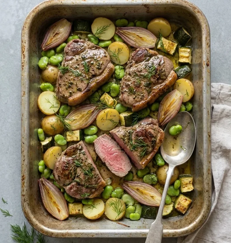 Four minty lamb leg steaks in a roasting tin over sliced new potatoes, broad beans, halved shallots, courgettes and dill, one steak cut to show pink