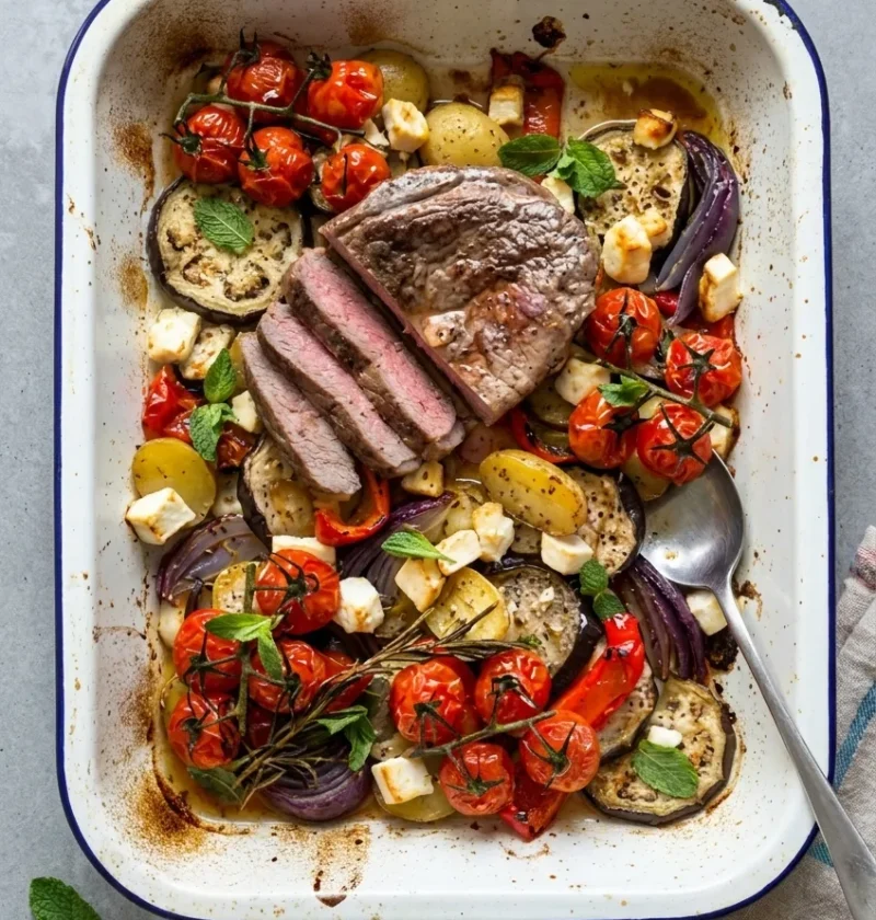 Lamb tray bake in a white enamel roasting tin, with sliced pink lamb leg steak over aubergine, new potatoes, red onion, cherry tomatoes, feta and mint