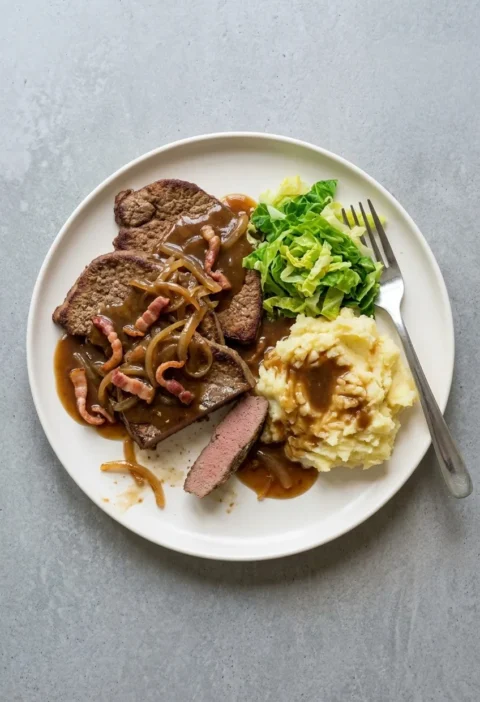 Lambs liver and bacon in thick onion gravy with mash and greens on a white plate