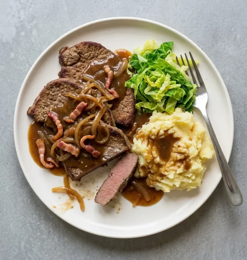 Lambs liver and bacon in thick onion gravy with mash and greens on a white plate