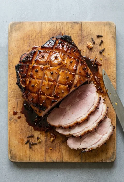 Honey and marmalade glazed gammon joint studded with cloves on a wooden board, with thin pink slices carved beside it