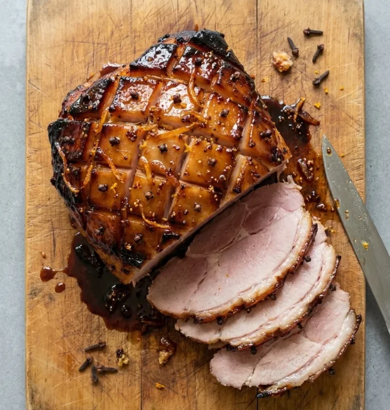 Honey and marmalade glazed gammon joint studded with cloves on a wooden board, with thin pink slices carved beside it