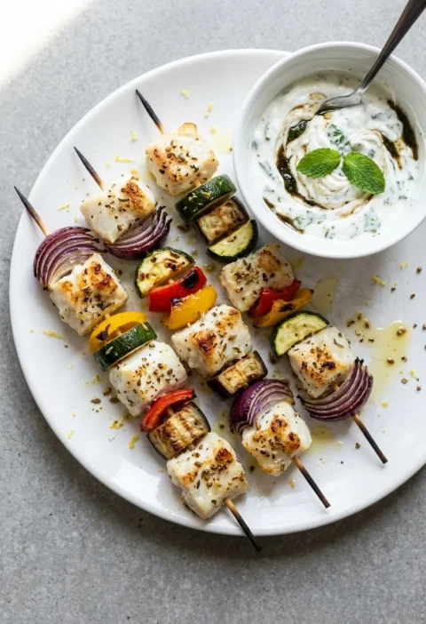 Grilled monkfish kebabs with red onion, courgette, pepper and aubergine on a white plate, with a bowl of minty yoghurt dip