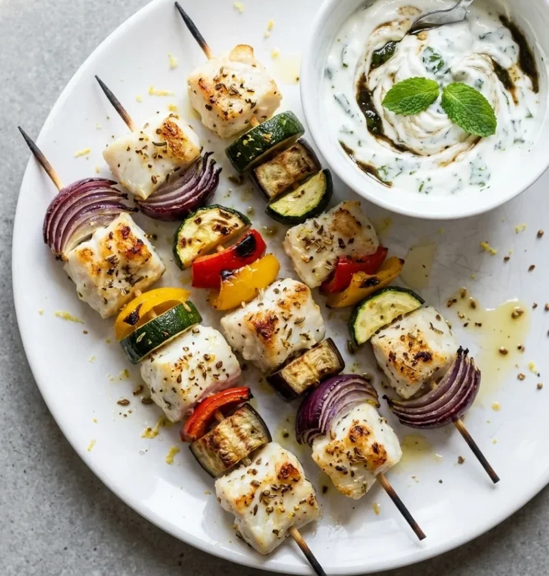 Grilled monkfish kebabs with red onion, courgette, pepper and aubergine on a white plate, with a bowl of minty yoghurt dip
