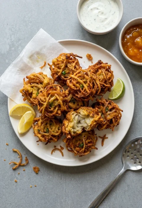 Golden fried onion bhajis piled on a white plate, crisp tangled strands of onion in a gram flour batter with flecks of green chilli, one broken open to show the soft onion inside