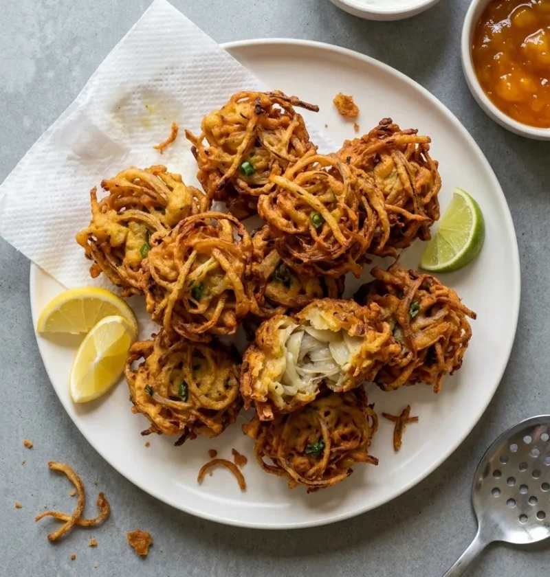 Golden fried onion bhajis piled on a white plate, crisp tangled strands of onion in a gram flour batter with flecks of green chilli, one broken open to show the soft onion inside
