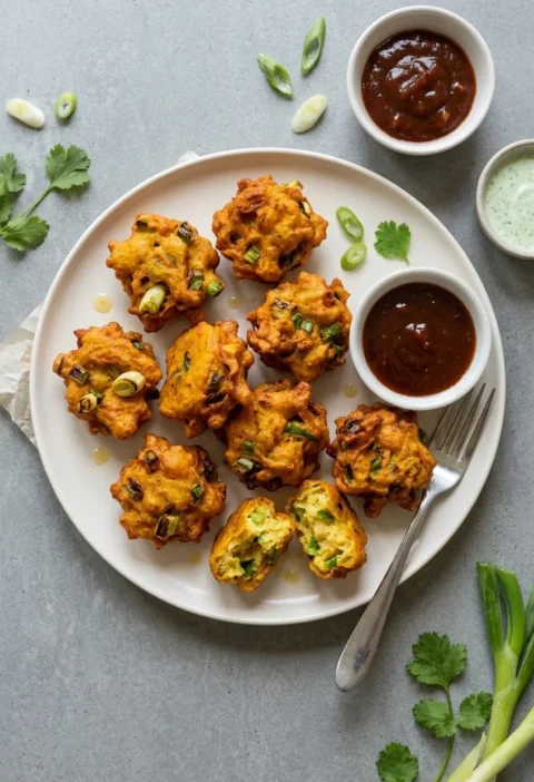 Golden spring onion pakoras piled on a white plate, craggy gram flour batter with green spring onion rings showing, one broken open, with small bowls of chutney and mint yoghurt alongside