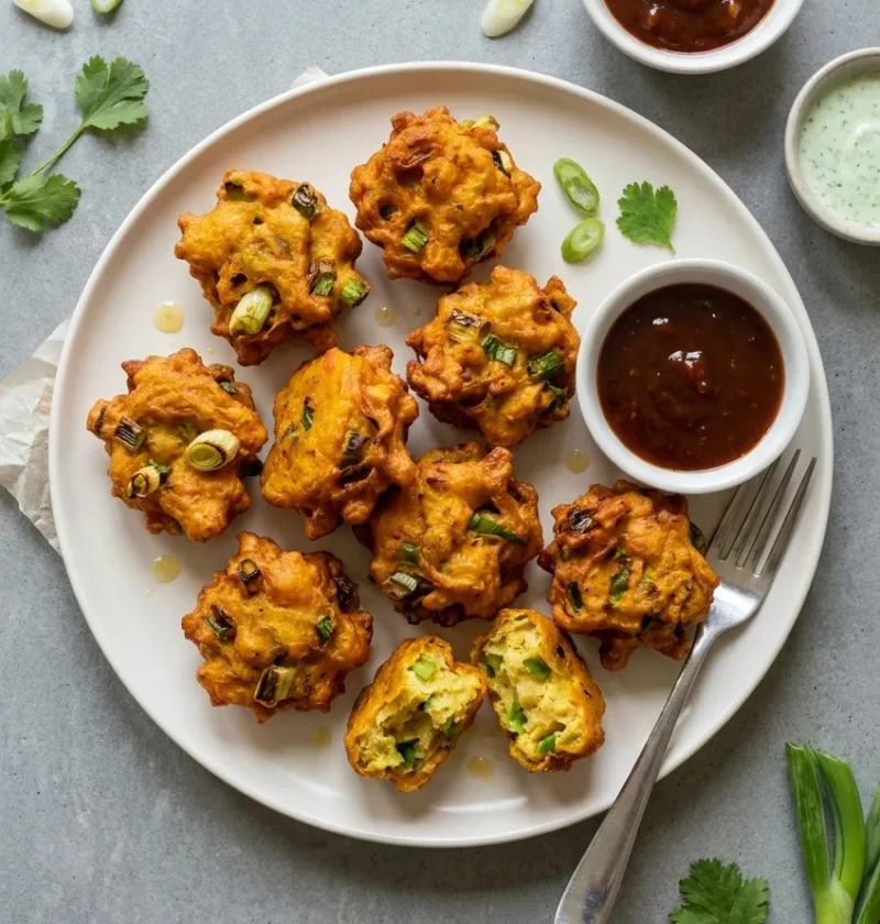 Golden spring onion pakoras piled on a white plate, craggy gram flour batter with green spring onion rings showing, one broken open, with small bowls of chutney and mint yoghurt alongside