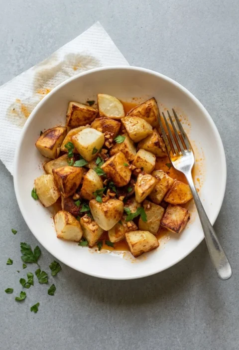Fried chunks of potato in a white bowl coated in red paprika and garlic oil with chopped parsley, a fork resting in the bowl and a greasy piece of kitchen paper underneath