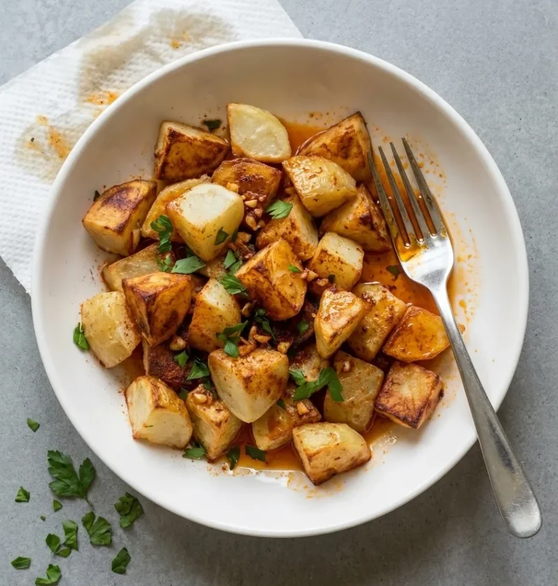 Fried chunks of potato in a white bowl coated in red paprika and garlic oil with chopped parsley, a fork resting in the bowl and a greasy piece of kitchen paper underneath