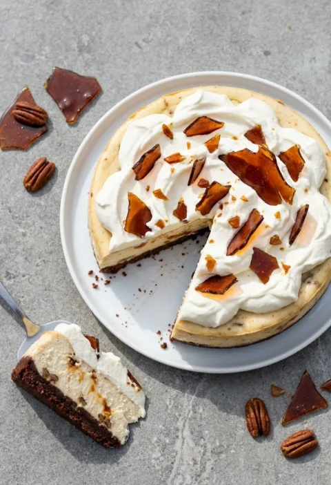 Baked pecan toffee cheesecake on a white plate topped with clouds of whipped cream and shards of amber caramel, one wedge cut out showing the dark pecan biscuit base and pale filling flecked with caramel