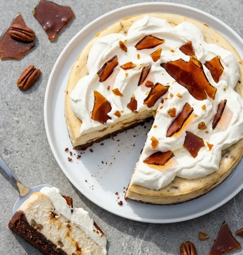 Baked pecan toffee cheesecake on a white plate topped with clouds of whipped cream and shards of amber caramel, one wedge cut out showing the dark pecan biscuit base and pale filling flecked with caramel