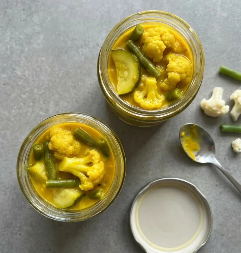 Hairy Bikers piccalilli in two open glass jars, thick bright yellow mustard pickle packed with cauliflower florets, green beans and courgette