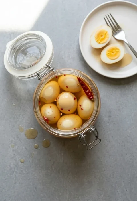 Six pickled eggs in an open Kilner jar of cider vinegar brine with chilli flakes, and one egg cut in half on a small white plate beside it