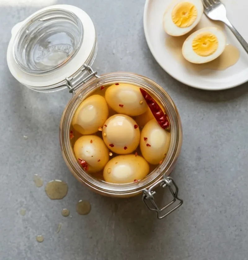 Six pickled eggs in an open Kilner jar of cider vinegar brine with chilli flakes, and one egg cut in half on a small white plate beside it