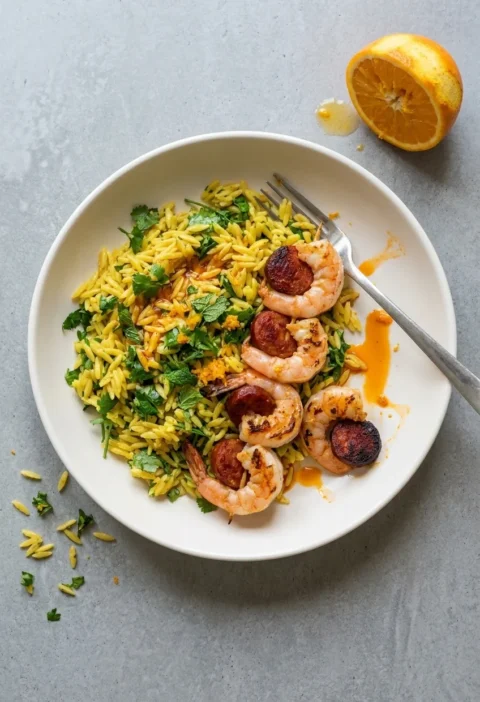 Saffron orzo with fresh herbs topped with prawn and chorizo kebabs in a white bowl