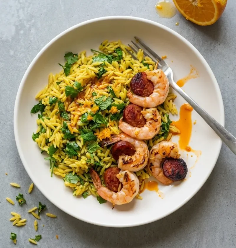 Saffron orzo with fresh herbs topped with prawn and chorizo kebabs in a white bowl