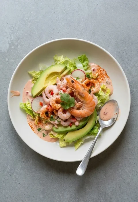 Prawn cocktail in a white bowl, small prawns in a pale pink gazpacho and crème fraîche dressing over shredded baby gem and avocado, with a shell-on prawn and cayenne on top
