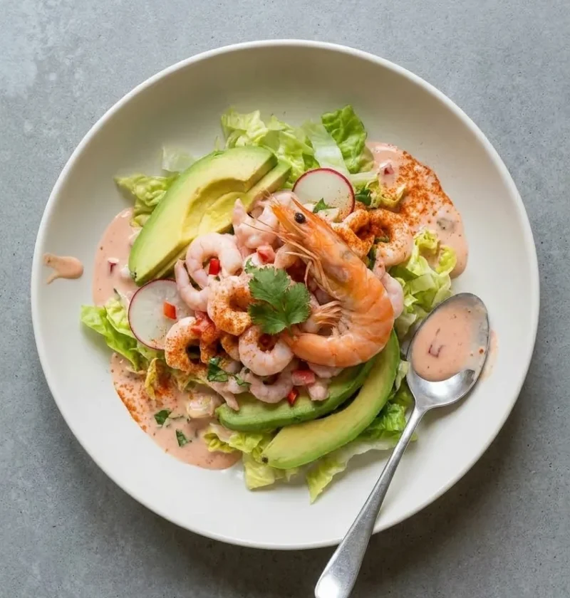 Prawn cocktail in a white bowl, small prawns in a pale pink gazpacho and crème fraîche dressing over shredded baby gem and avocado, with a shell-on prawn and cayenne on top
