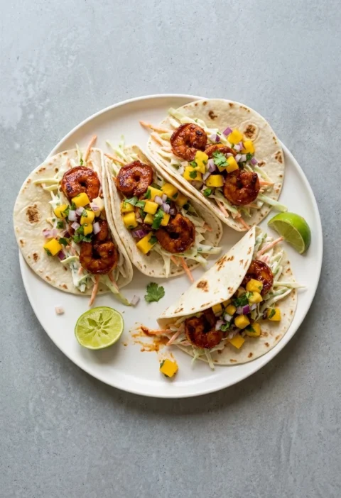Chipotle prawn tacos with coleslaw and mango salsa on a white plate