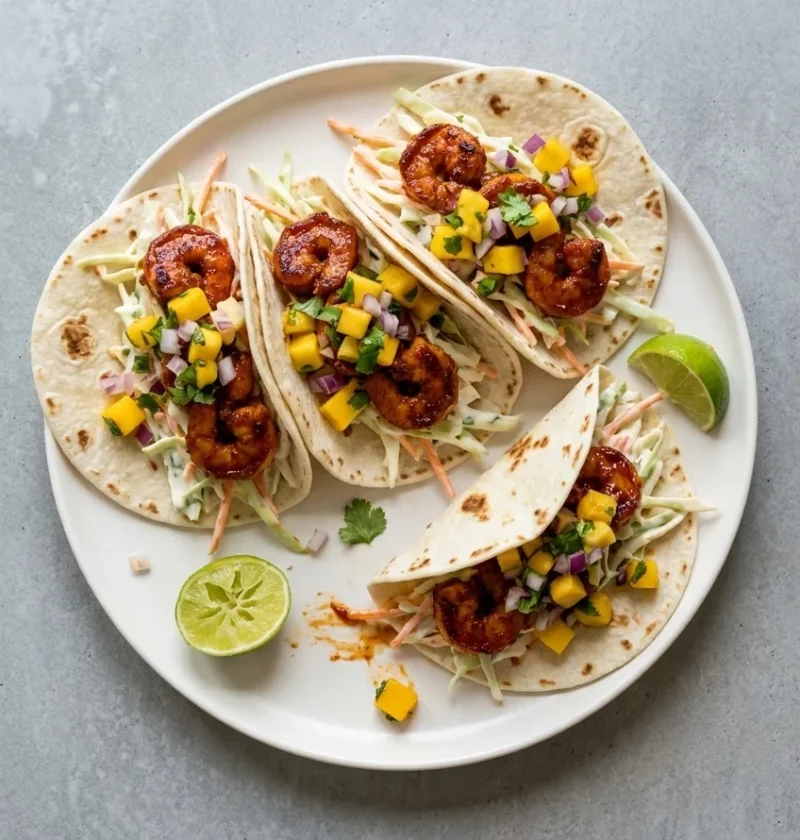 Chipotle prawn tacos with coleslaw and mango salsa on a white plate