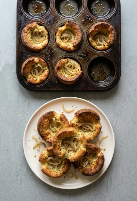 Sage and onion Yorkshire puddings in a muffin tin and piled on a plate, with soft onion in the middles