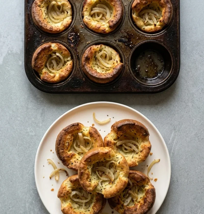 Sage and onion Yorkshire puddings in a muffin tin and piled on a plate, with soft onion in the middles