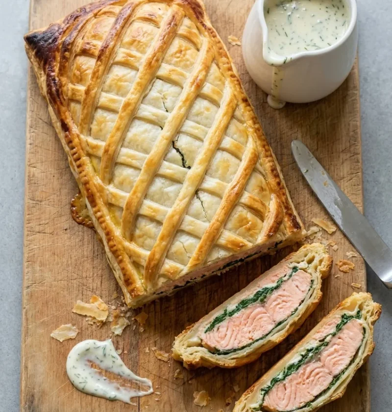 Salmon en croute with a golden puff pastry lattice on a wooden board, two slices cut to show salmon and spinach, with a jug of dill sauce